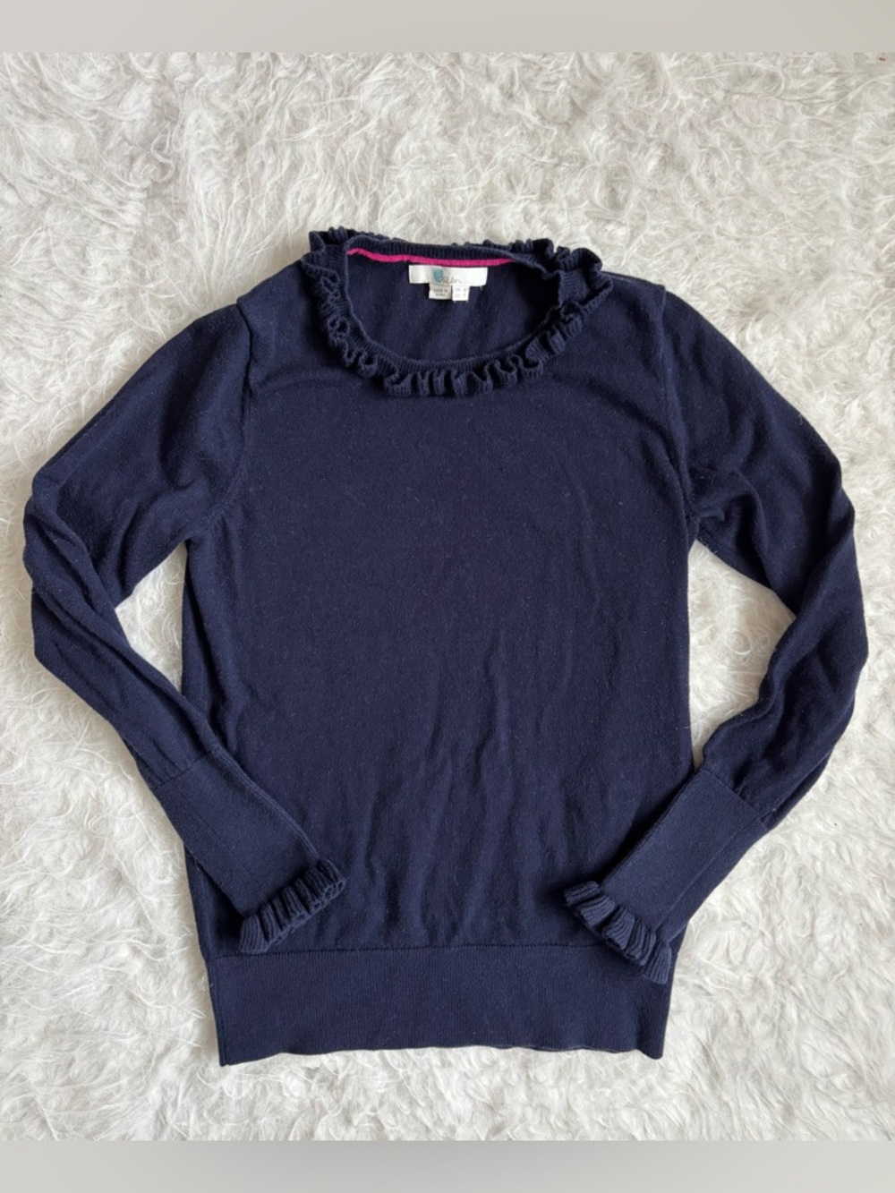Boden Women’s Navy Cozy Wool Blend Sweater with Ruffle Trim